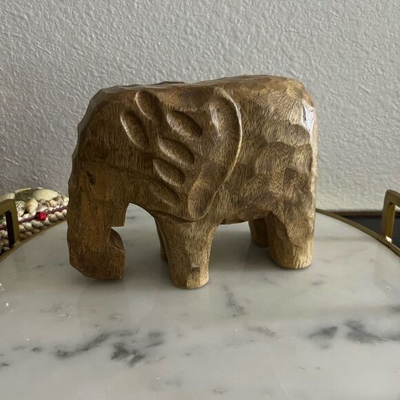 Vintage Wood Elephant Hand Carved stature Solid Piece Brown tan 7.5” L 5.5” H - Picture 1 of 6